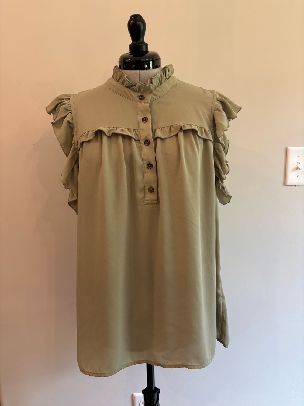 Who What Wear Olive Green Blouse with Ruffle Detail 0204